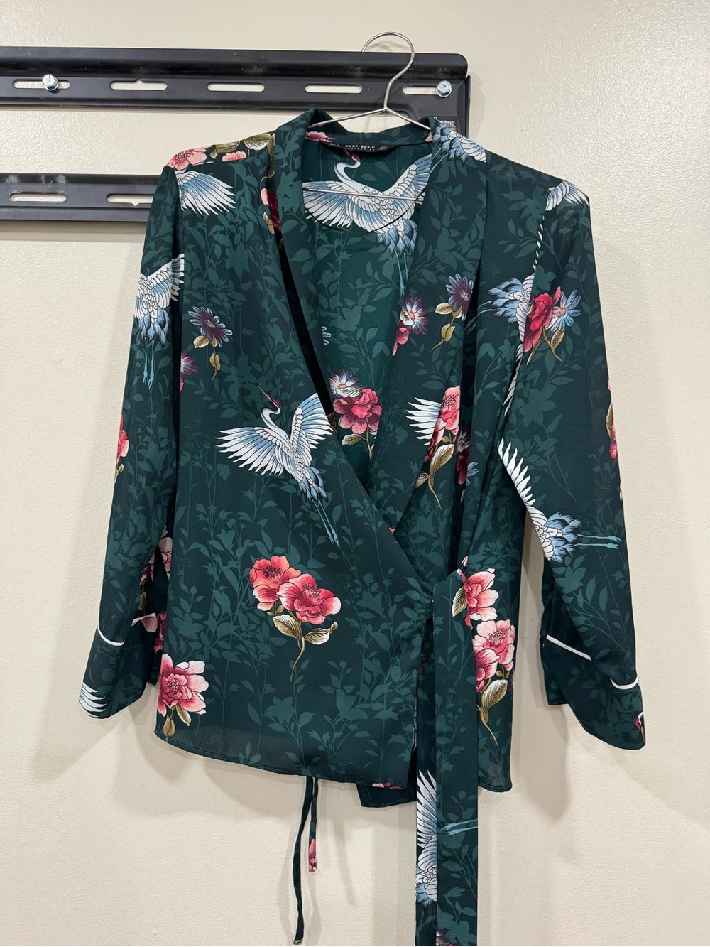 Zara Dark Green Crane & Floral Wrap Blouse